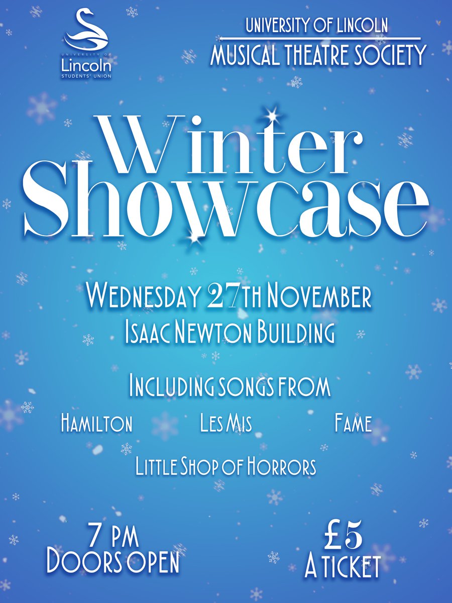 ONLY 10 MORE DAYS TILL WINTER SHOWCASE!!
This is a showcase that you don't want to miss 😍
Tickets are £5! They are available on the door and her is the ticket link: lincolnsu.com/shop/product/1……

Refreshments and a raffle will be going as well, one the night! ✨