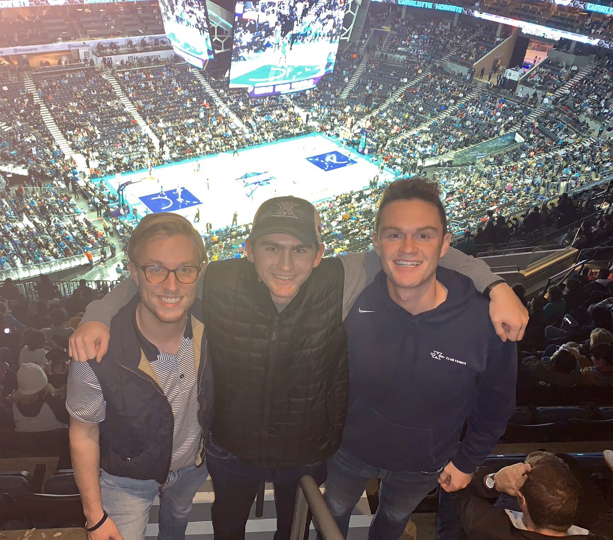 XUACCSociety's tweet photo. Our guys got see a buzzer beater win by the @hornets while attending the #IMASLC19 in Charlotte! https://t.co/A0LGrVXBec