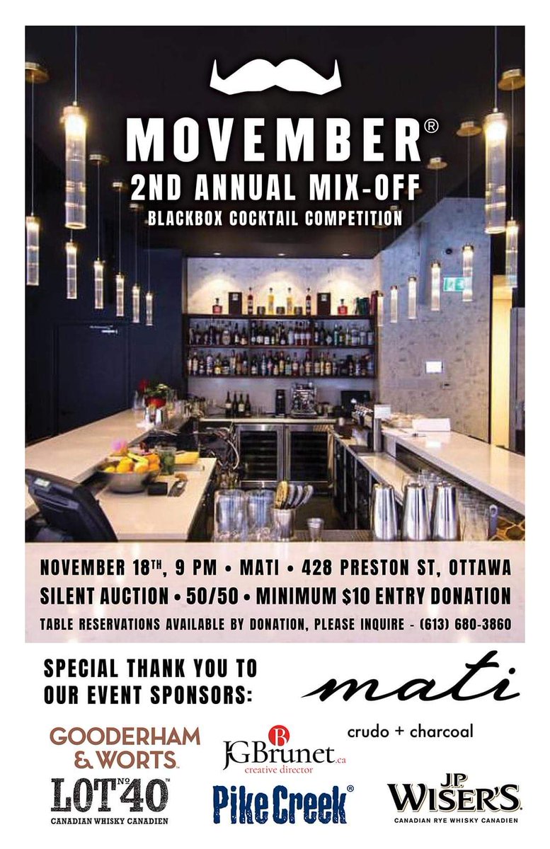 See you at <a href="/matiottawa/">Mati</a> tomorrow for <a href="/MovemberOttawa/">Movember Ottawa</a>'s 2nd Annual Mix-Off!! Thanks to our host and amazing sponsors for helping us put together the furriest and fun night of the month!

Proceeds some booths and bottles go towards this important cause, so don't be shy, DM for deets