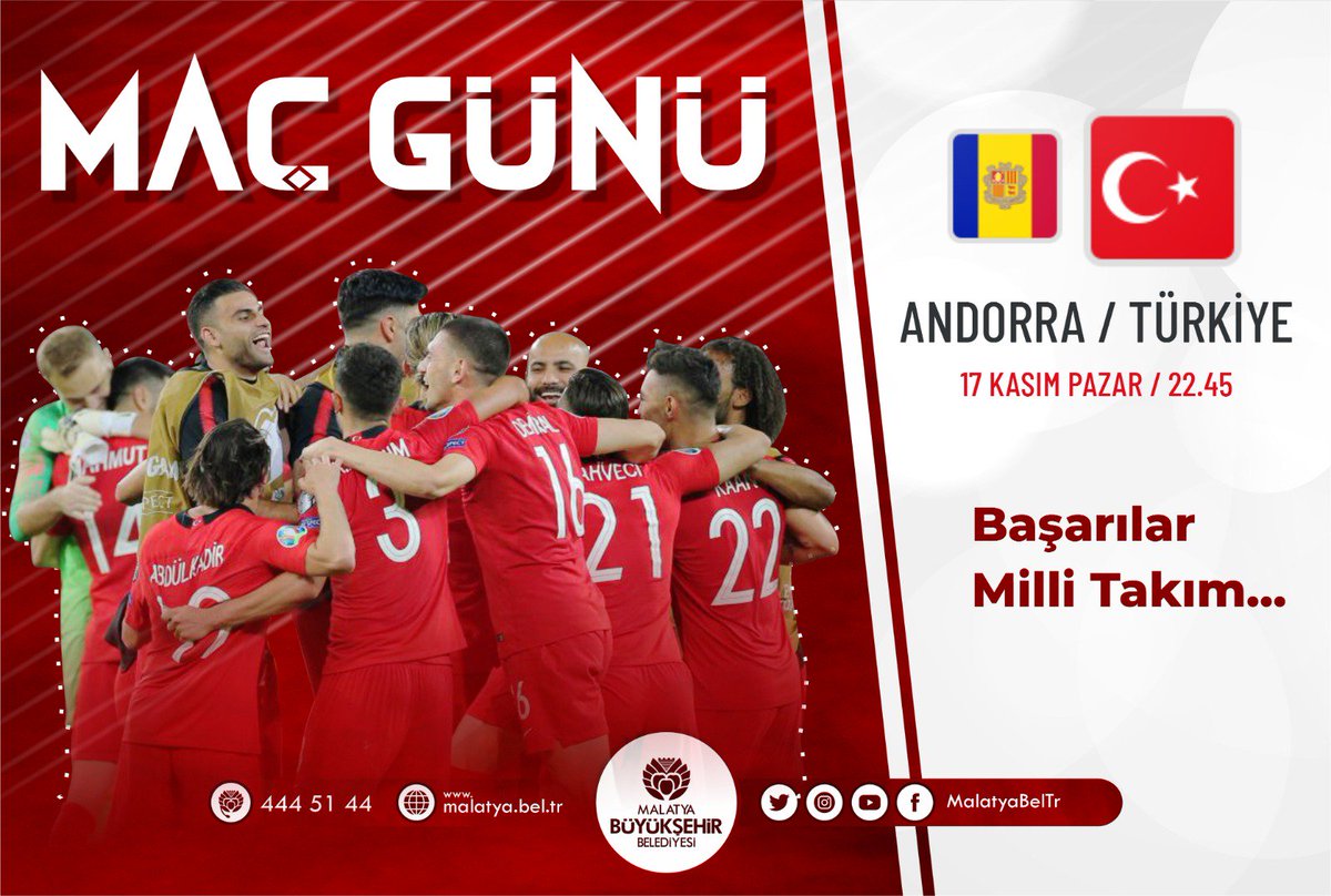 MalatyaBelTr's tweet photo. #EURO2020Yolunda finallere katılmayı garantileyen A Milli Takımımız 🇹🇷 bu akşam 22.45’te Andorra 🇦🇩 karşısında mücadele edecek.. Ay Yıldızlı takımımıza yürekten başarılar diliyoruz..👏👏
#EURO2020 #EuropeanQualifiers ⚽⚽⚽ https://t.co/kghMXCKyU5