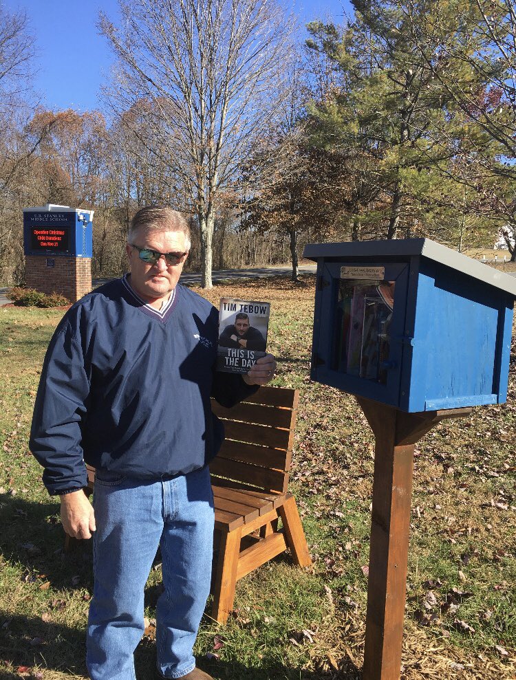 Come check out EB Stanley Middle School’s Little Free Library! We have books for every age. Even my dad found one. #curlupwithagoodbook #sharetheloveofliterature #timtebow @EBStanleyMS @TimTebow @LtlFreeLibrary