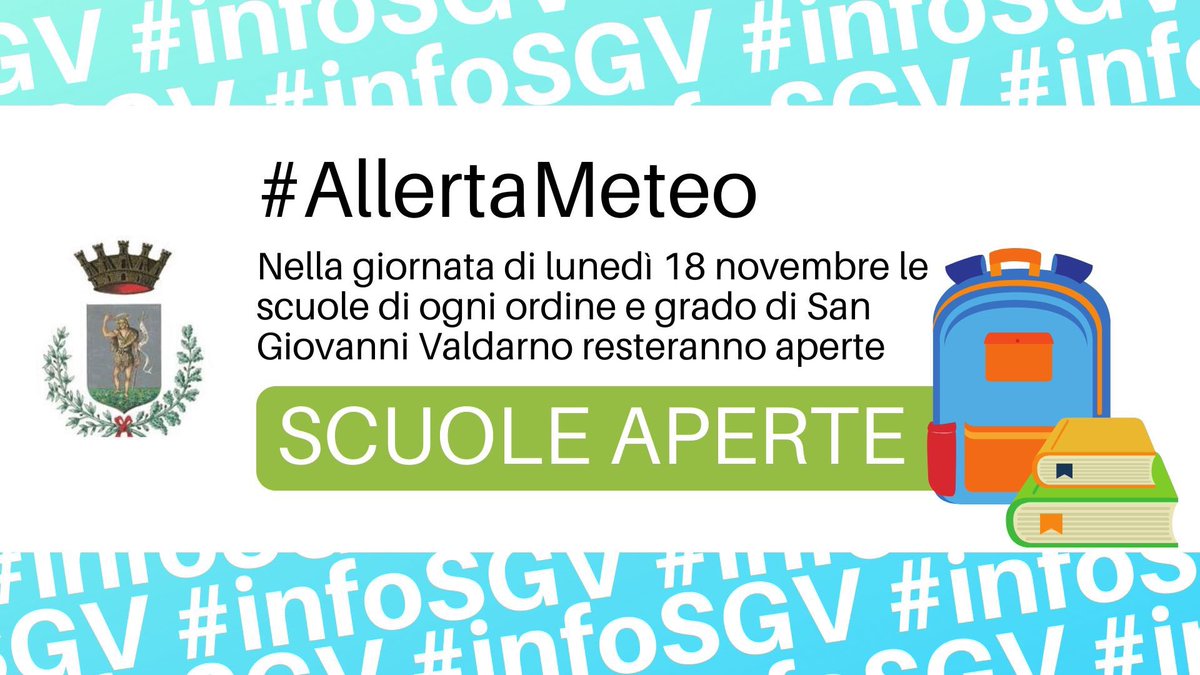 #AllertaMeteo - SCUOLE ⚠️

Si informa che domani, lunedì 18 novembre 2019, le Scuole di ogni ordine e grado a San Giovanni Valdarno rimarranno APERTE ✅

#sangiovannivaldarno
#comunesgv