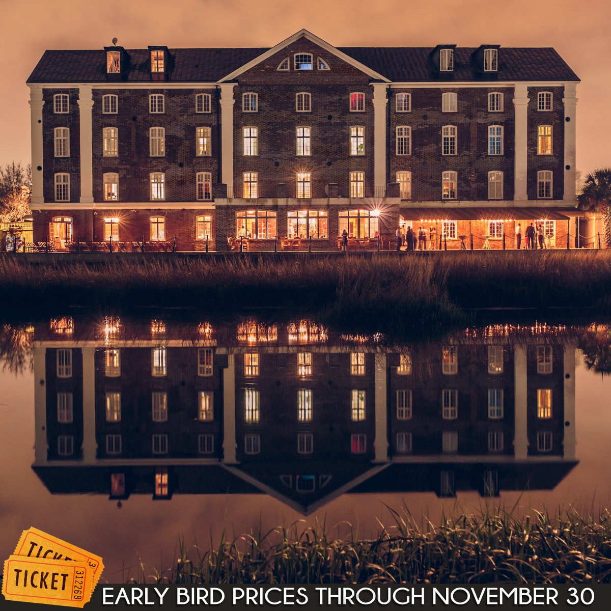 Location is everything and we have it! Imagine overlooking the Ashley River as you ring in the year 2020 with us during Midnight at the Rice Mill. We have both our General Admission and VIP ticket prices reduced until November 30th. Go to historicricemill.net for tickets.