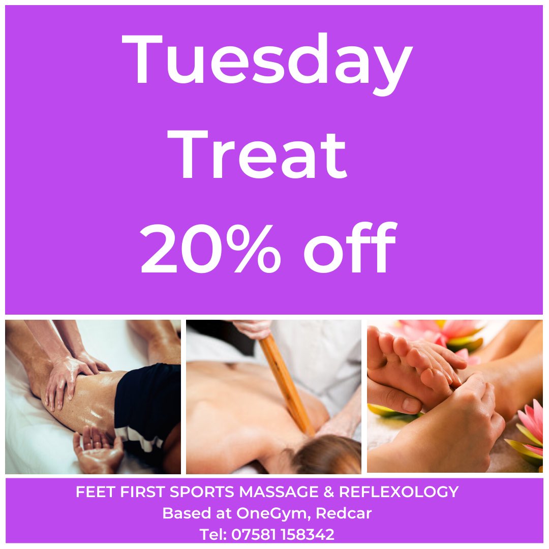 FeetFirst14's tweet image. I’ll be having Tuesday Treat instead of the Black Friday sales! Book a sports massage or reflexology for this Tuesday 19/11 &amp;amp; get 20% off.
Appointments available
Mon  - 2pm, 7pm
Tue  - 11am, 12pm, 1pm, 2pm, 7pm
Wed - 9.30am, 11.30am
Thur - 6.30pm, 7.30pm #onegymredcar @RedcarHour