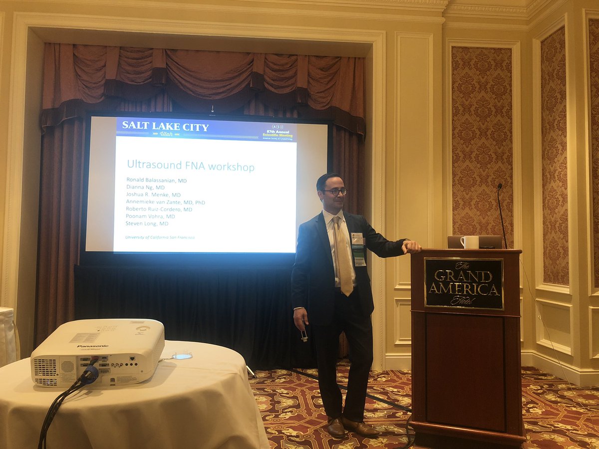 Resident <a href="/Ahbouri_MD/">Abdullah Al-Bouri MD</a> at the ultrasound #FNA clinic this morning with <a href="/BalassanianRon/">Ron Balassanian</a> and the rest of the <a href="/UCSFcytopath/">UCSF Cytopathology</a> team. Thanks so much. #ASCyto2019 #ASCyto19 #cytologyrocks