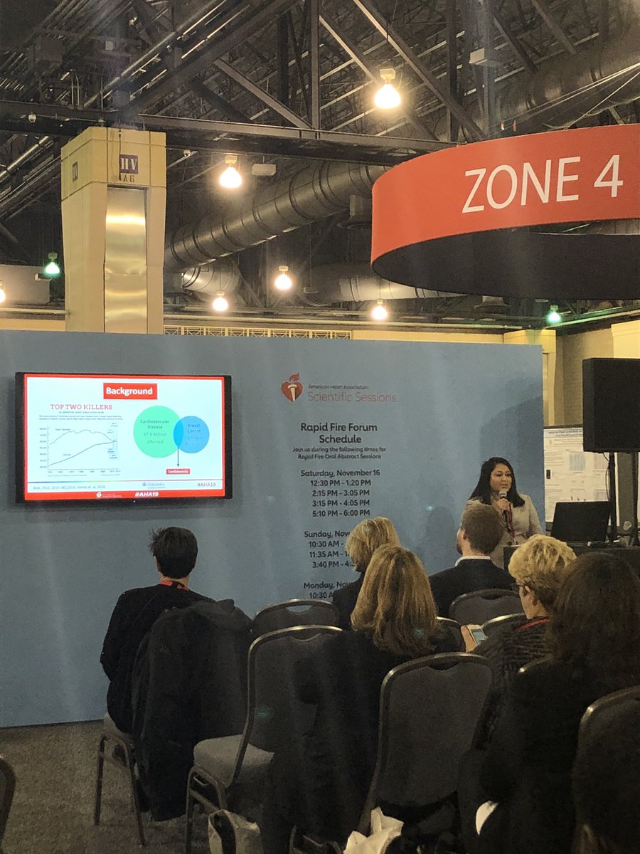 Shazia Mitha is giving an awesome rapid fire talk on disparities in cardiotoxicity among women with breast cancer. Fantastic job!! #AHA19 @MITHASHAZIA #cvnursing @AHAMeetings