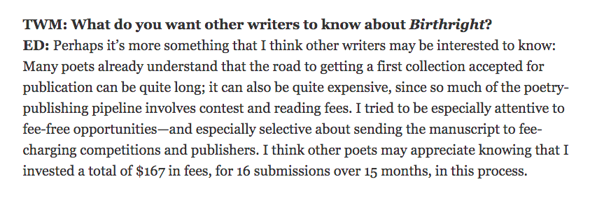 erikadreifus's tweet photo. This morning I was prompted to revisit these factoids about BIRTHRIGHT's path to publication: 16 subs over 15 months. Some subs were fee-free; I spent a total of $167 on contest/reading fees.
Any other #poets willing/able to share similar stats about their books? https://t.co/AmlS6K6L3X