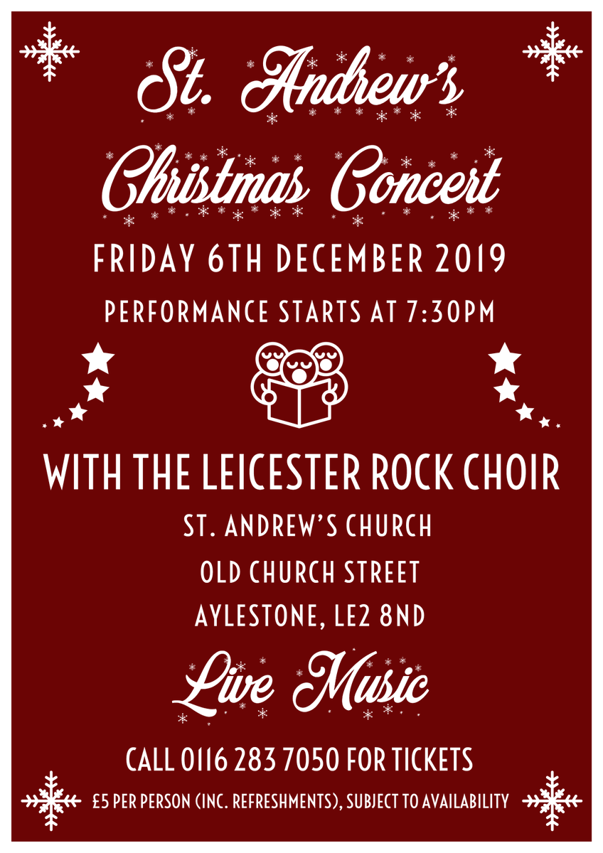 Our Christmas Concert with the Leicester Rock Choir is on Friday the 6th of December, 7:30pm <a href="/staaylestone/">standrewsaylestone</a>...call the number on the poster to buy tickets...£5 each (subject to availability)...we hope to see you there...perfect opportunity to get in the festive mood...😊🎄🎅