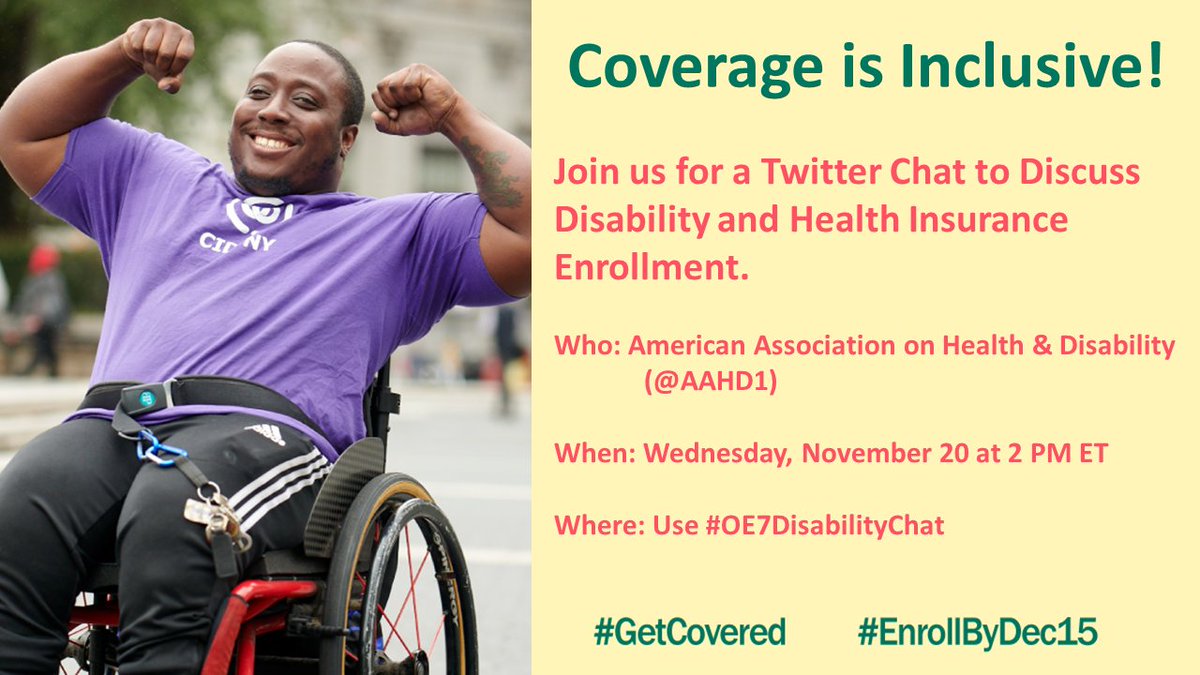 AAHD1's tweet photo. **SAVE THE DATE! Wednesday November 20th at 2PM ET!**
 @AAHD1 will be hosting a Twitter chat using the HASHTAG ##OE7DisabilityChat! Follow us on the @AAHD1 Twitter &amp; @NDNRC Twitter and JOIN THE CONVERSATION about #gettingcovered with #healthinsurance by December 15th! https://t.co/DsHONwQ43n