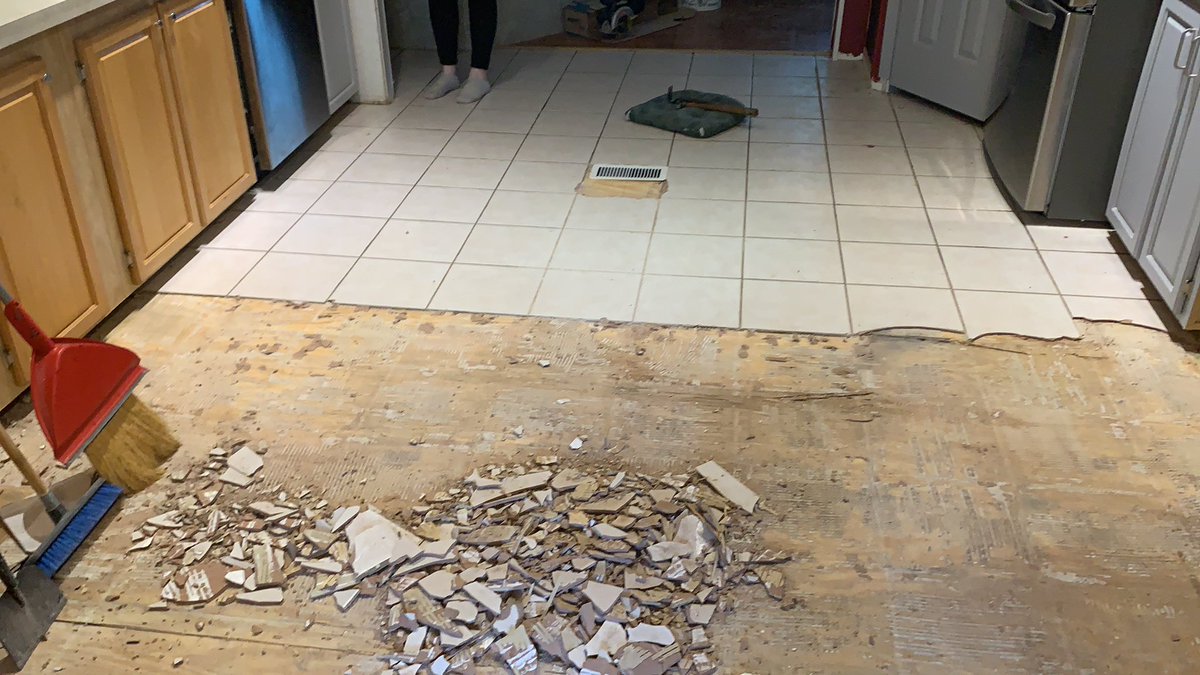 DR_DIESEL_'s tweet photo. Sunday funday! Removing tile for the parents! Then have to get new tile installed all before 21st of December! While working full-time!!! #norestforthewicked #tarkovstreamlater https://t.co/DNuE8k51Fu