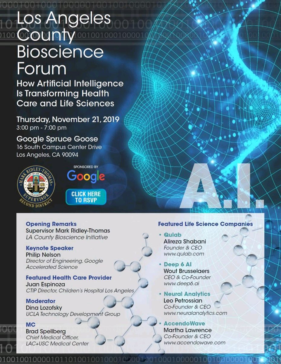 This week <a href="/CountyofLA/">Los Angeles County</a> has organized a Bioscience Forum and it's my pleasure to be on the panel. Los Angeles is growing fast into the next big hub of Life Sciences and Tech.
