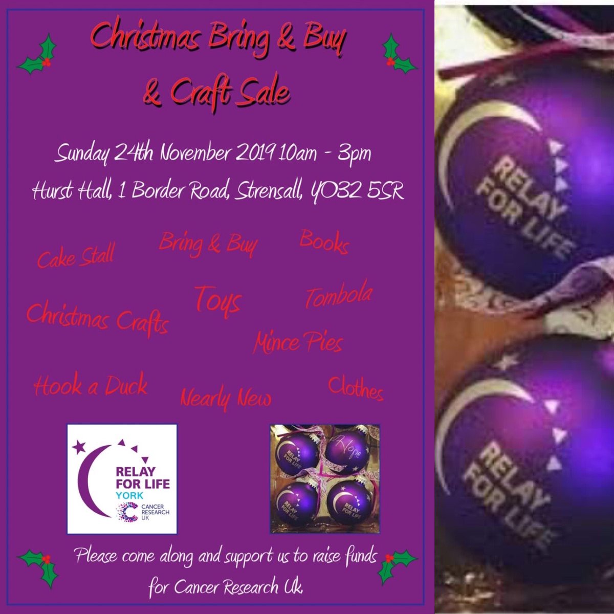 Christmas Bring &amp; Buy and Craft Sale, Sunday 24th November, 10am - 3pm, raising money for CRUK <a href="/RelayYork/">Relay For Life York</a> 💜🎄🧁🥧🎄 #cakestall #BringandBuy #mincepies #toys #nearlynew #HookADuck #ChristmasCrafts #Tombola #Christmas #York #Strensall #CRUK #RelayYork #RelayYork2020