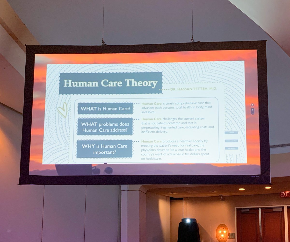 trentrosenbloom's tweet photo. #AMIA2019 @doctortetteh sharing his Human Care Theory. Not care for just your area of speciality, but care for the entire human. Human care comes from: purpose, personalizing the care, and partnerships. https://t.co/FhHgz0rtmN