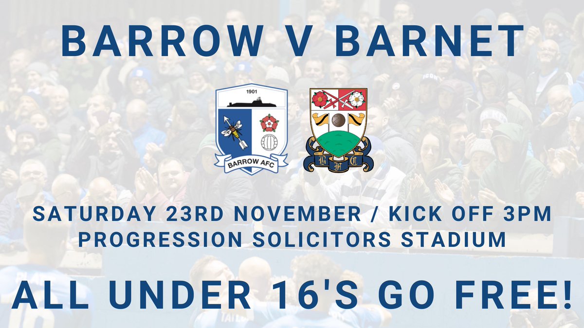 BarrowAFC's tweet image. ⚠️ | BREAKING NEWS:

We are delighted to announce that ALL Under 16’s can watch Saturdays game against @BarnetFC for FREE! 🙌

Let’s get 2000 into the @ProgressionLaw Stadium to #BackTheBluebirds! 🔵⚪️

barrowafc.com/kids-go-free-v…
