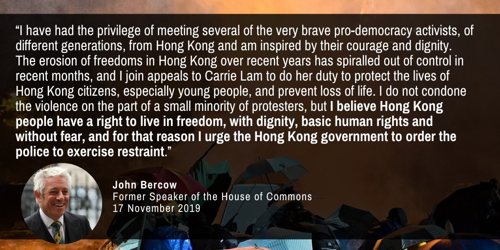 📣 From former Speaker of the House of Commons John Bercow: “I have had the privilege of meeting several of the very brave pro-democracy activists, of different generations, from Hong Kong and am inspired by their courage and dignity.' #StandwithHK #HongKongProtests #PolyU