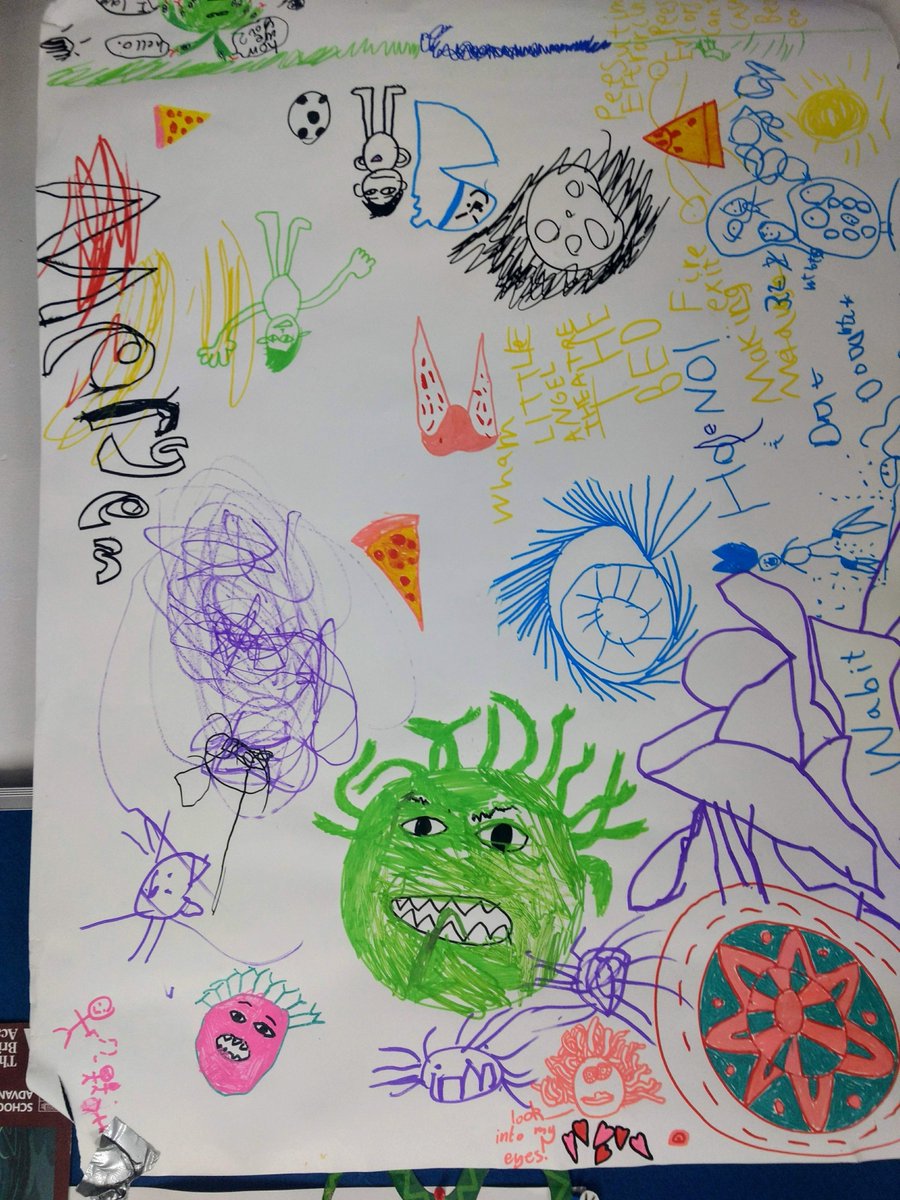 nottinauta's tweet photo. @emmabridges @LittleATheatre @SlavicekTinka @BeingHumanFest We had tons of fun making a big Medusa puppet all together, but we also had a quieter space for those who preferred to go at a different pace. It was wonderful to see children engaging so freely with ancient myth in their drawings (also featuring pizza😂) #MakingMedusa https://t.co/JnnE7EkdvP