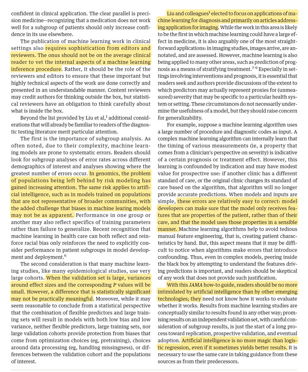 Why we desperately need prospective studies for medical #AI:
"In clinical practice, data are noisy &amp; not always complete; failure to consider these circumstances may yield models that perform beautifully on cleaned data sets ... but miserably in practice."
jamanetwork.com/journals/jama/…