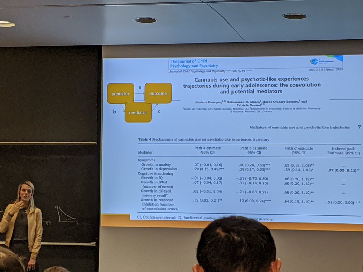 tsonj's tweet photo. Dr Patricia Conrod willing to say she's found casual effects (despite observational data) of cannabis use on cognitive deficits in adolescents, which she says factored into Quebec's decision to raise the legal age to purchase cannabis. No such effects found for alcohol. #MAIN2019 https://t.co/3SSb3rUgH6