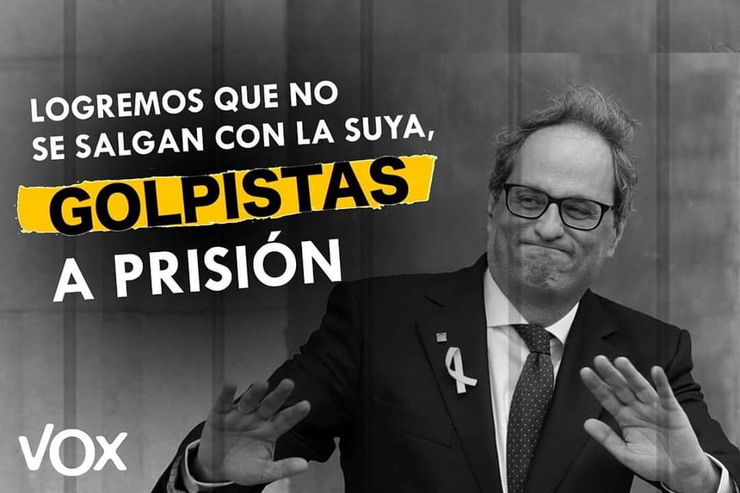 vox_es's tweet photo. Mañana comienza el juicio contra Torra por desobedecer la orden de la Junta Electoral de retirar los lazos de los edificios públicos en la campaña del #28A. 

VOX, como acusación popular en la causa, exigirá que se cumpla la Ley.

📢 #GolpistasAPrisión https://t.co/aWg1uSB0FL