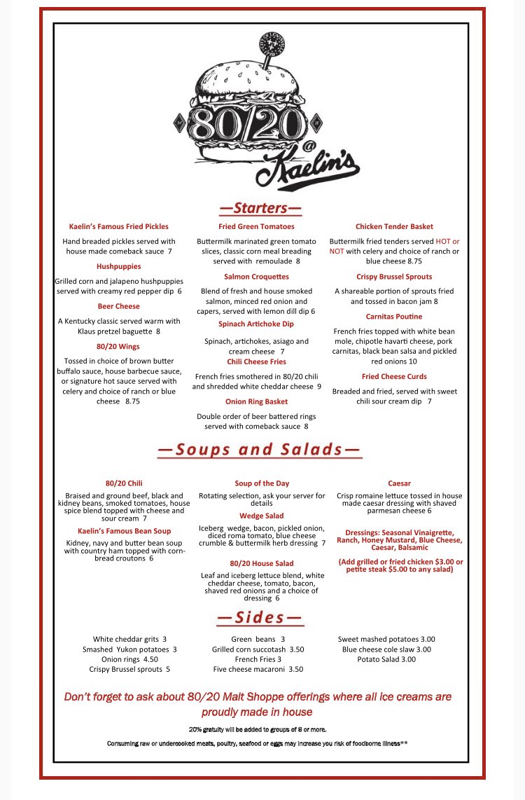 8020atKaelins's tweet photo. Check out our new family friendly winter menu!

Open 7 days a week. Booking private parties now! #8020atKaelins #louisvillelove #louisvillefoodie #eatlocal #homeofthecheeseburger #louisvilledinner #mylouisville #louisvillelocal #instalouisville #hellolouisville #yeslouisville https://t.co/TajHoGrGHA