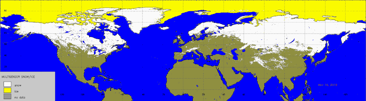 ClimateNewsCA's tweet photo. November 16, 2019
Northern Hemisphere Sea Ice and Snow Cover
Sea Ice = 9.5 million km^2
Snow Cover = 30 million km^2
#Snow #IAmProSnow #Arctic #SeaIce #Climate #ClimateChange #CarbonDioxide https://t.co/U2ysfJstEY