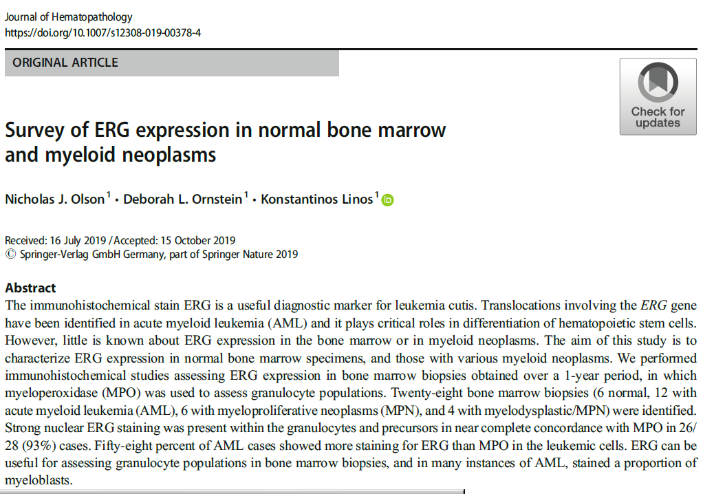 KonstantinosLin's tweet photo. Our new work just published. We explored the utility of ERG IHC as a nuclear marker in hematolymphoid neoplasms in relation to more traditional markers. #pathology #hemepath #oncology https://t.co/JOxZhYlgBs