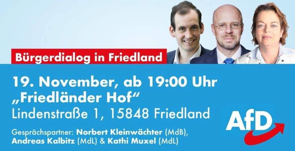 Dienstag: Treffen Sie Ihre #AfD #Abgeordneten aus dem #Landtag und dem Deutschen #Bundestag. Am kommenden Dienstag: unser nächster Bürger-Dialog. Diesmal im Landkreis Oder-Spree. Diskutieren Sie mit Andreas #Kalbitz , Kathi #Muxel und dem Brandenburger Norbert #Kleinwächter.
