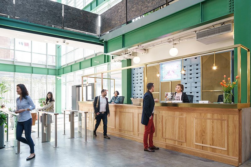 WeWork's tweet photo. The reception desk is the home base for our community team at every WeWork location around the world. Here's a look at 9️⃣ welcoming examples: https://t.co/KTEI16Ds5b. #wework https://t.co/kIdTF4ZSOe