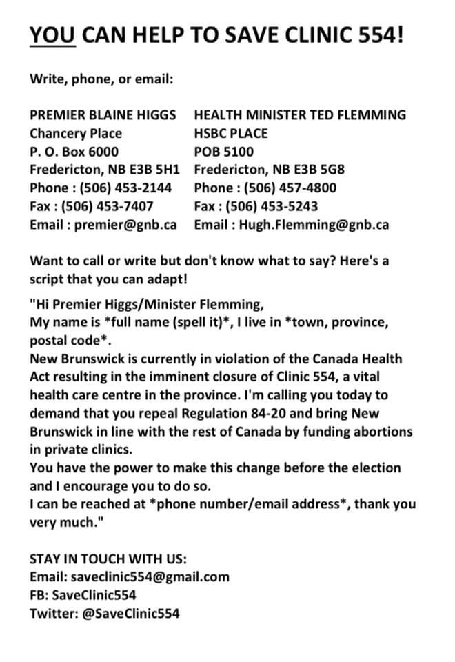 ReproJusticeNB's tweet photo. What you can do to help #SaveClinic554
1. Come to our rally at the NB Legislature in Fredericton on Tuesday, Nov 19 1PM.
2. Phone, write and email @BlaineHiggs and @TedFlemming
3. Read &amp; share our posts
4. Get involved! Contact us at saveclinic554 @ gmail
 .com https://t.co/POxA77Qndr