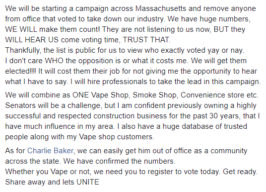 When election time comes, we'll come for you like you came for us. #wevapewevote #QuitLying <a href="/SenRodrigues/">Michael J. Rodrigues</a> @KarenSpilka @SenatorDeanTran <a href="/CindyFriedmanMA/">Cindy Friedman</a> <a href="/SenJasonLewis/">Jason Lewis</a> <a href="/WalterFTimilty/">Walter F. Timilty</a> <a href="/EricLesser/">Eric Lesser</a> <a href="/AnneGobi/">Anne Gobi</a> Can't fit them all, tag along to get the message to all of them.