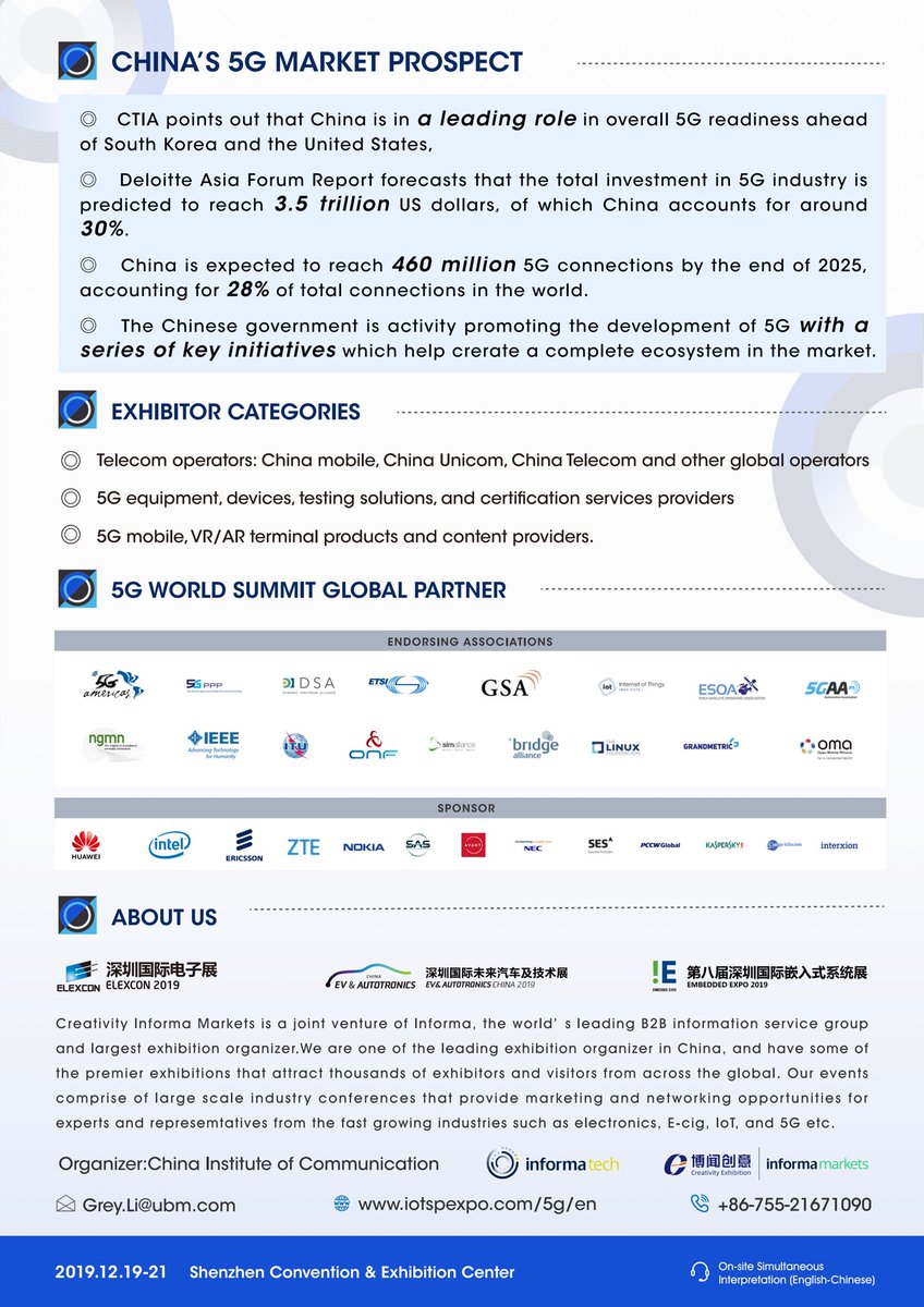 5G World Series is the only global event series bringing together the entire connectivity ecosystem,enabling the connected society.Enhance your brand awareness at 5G China and gain visibility among leading players in the digital,telco,and IT marketplace.