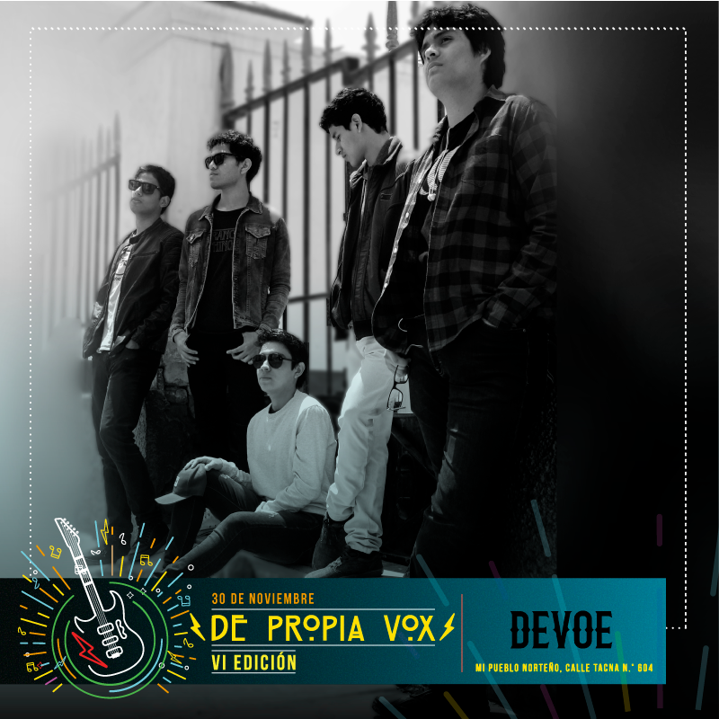 agendacix's tweet photo. 🎼 #DePropiaVox 🎸
#DeVoe, banda de rock integrada por Victor Larios, Adrián Delgado, Hugo Puyén, Sergio Chiroque y Cristian Zamora, estará en la VI Edición del Concierto #DePropiaVox el 30 de noviembre en Mi Pueblo Norteño. ¡Pasa la voz!
Evento en FB ➡️ https://t.co/qqhJ5VUifw https://t.co/s0eZE4N6SC