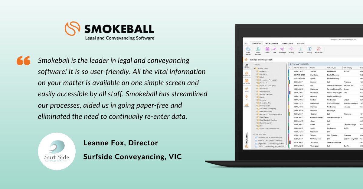 Smokeball_AU's tweet photo. Just like Leanne Fox Director of Surfside Conveyancing, you can also transform your practice and achieve greater efficiency with the help of #Smokeball software.
Read the full case study to learn how: https://t.co/3PfBc7H57S
#ConveyancingSoftware #LegalSoftware https://t.co/EJVHylJgj9