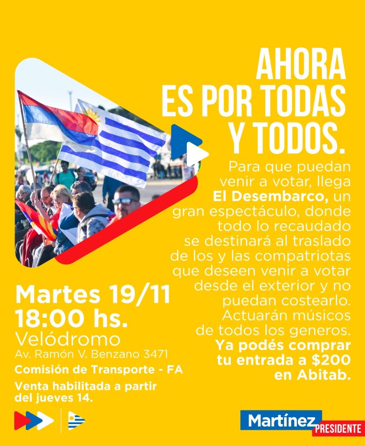 Frente_Amplio's tweet photo. Tremendo festival y solidaridad✨

¡El martes venite al Velódromo! Disfrutamos de grandes artistas y colaboramos para que compatriotas vengan a votar desde el exterior🇺🇾

¡No podés faltar!🙌🤩

Mirá el evento👉https://t.co/Yg7lGdRgcU

#MartínezPresidente
#VotoAVoto https://t.co/T5XkczzCdV