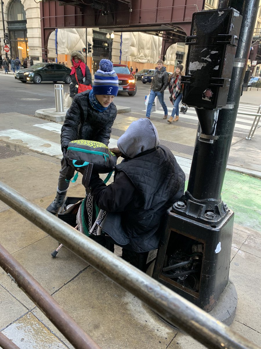packthekindness's tweet photo. Yesterday Ryan May and delivered backpacks to 45 people in Chicago who are homeless. 1st pic is Rick who was thrilled with the backpack. The man in 3rd pic enjoyed talking sports with Ryan. #packthekindness https://t.co/fEXnDrZeMS