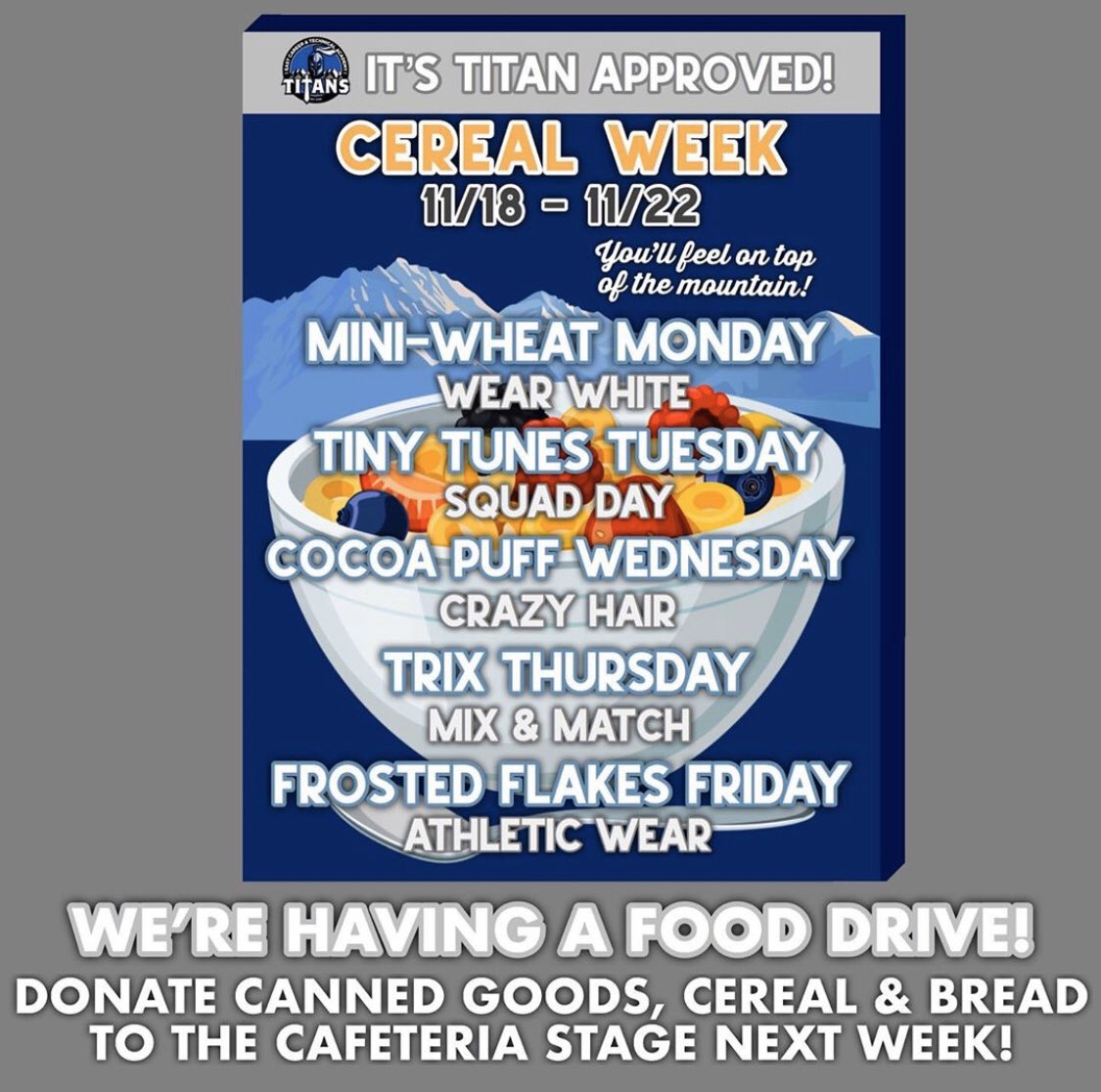 This week is our CEREAL WEEK! Each day is based off a cereal &amp; has a correlated spirit day! We are also hosting a food drive for <a href="/threesquareLV/">Three Square</a> Donate canned goods, cereals, &amp; breads to the cafeteria stage all week! We can’t wait to see how you dress up!#EastTechTitans #ECTAStuCo