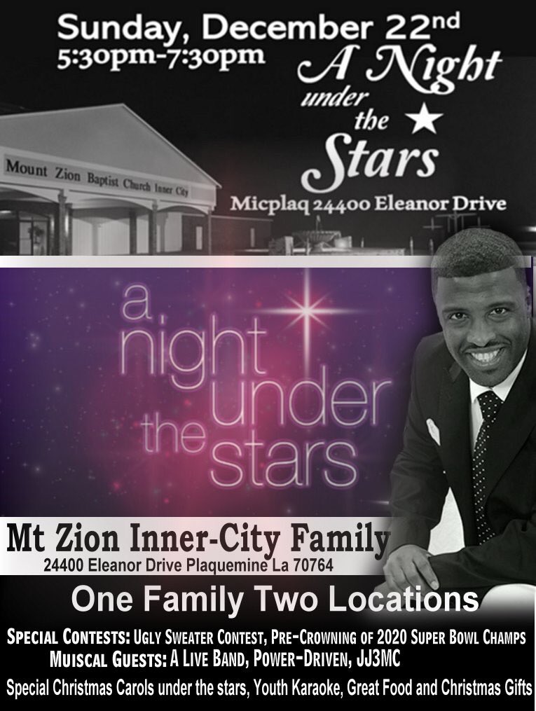 mtzionmic's tweet photo. Join us on December 22nd for our Family and Friends Night under the Stars! Represent your NFL team and let’s pre crown the 2020 champs. We invite you to be a part of any one of the contests. A night of fellowship, Christmas Carols, Gospel singing and much more!  @RicardoHandy https://t.co/1fDRurcvgd