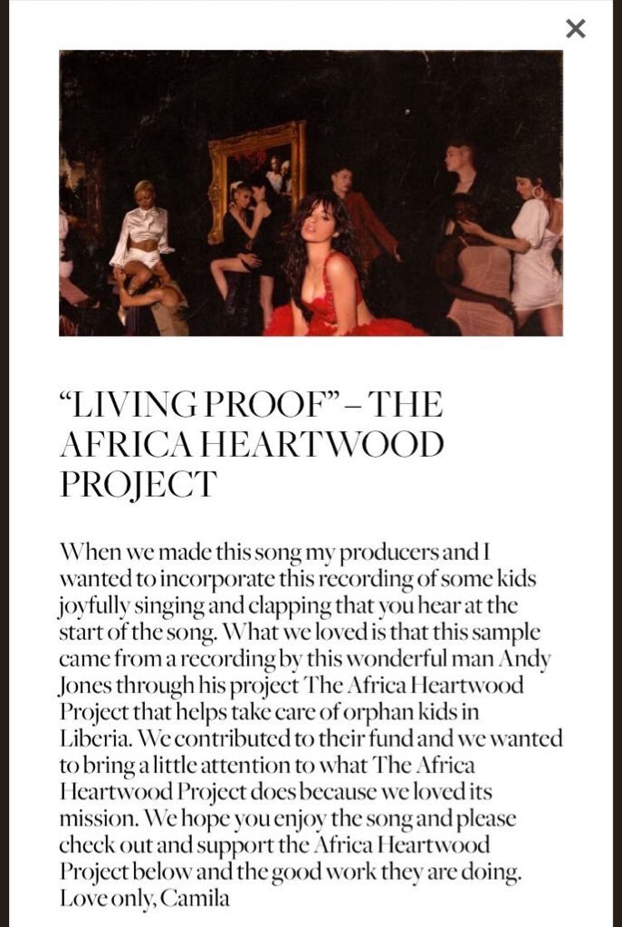 The children's voices at the beginning of the song “Living Proof” are children from a Liberian orphanage, which is supported by the “The Africa Heartwood Project”. The purpose of this action is to attract people's attention, help and donate to the project.