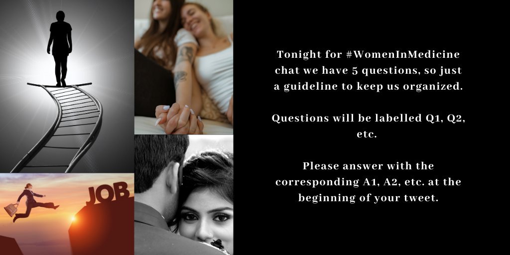 Tonight for #WomenInMedicine chat we have 5 questions, so just a guideline to keep us organized. Questions will be labelled Q1, Q2, etc. Please answer with the corresponding A1, A2, etc. at the beginning of your tweet.