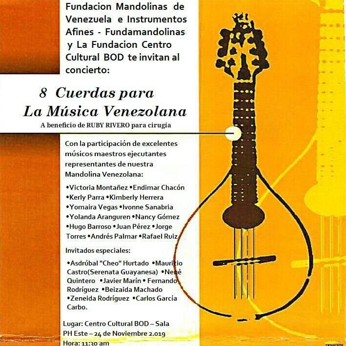 Beadrian's tweet image. Concierto de Cuerdas de Venezuela. 24 Noviembre BOD La Castellana. A beneficio de la músico mandolinista venezolana, Ruby Rivero, quien tiene un año esperando reunir para una prótesis de cadera. #Caracas #Venezuela