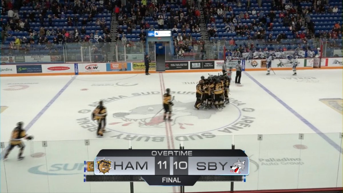 OHLHockey's tweet photo. FINAL/OT: @BulldogsOHL (11) at @Sudbury_Wolves (10)
@BertuzziTag scores 4 goals, punctuated with OT winner in one of the highest scoring games in league history.
๐ฅ๐: https://t.co/vfJltOTGaP https://t.co/bbBsI23jiM