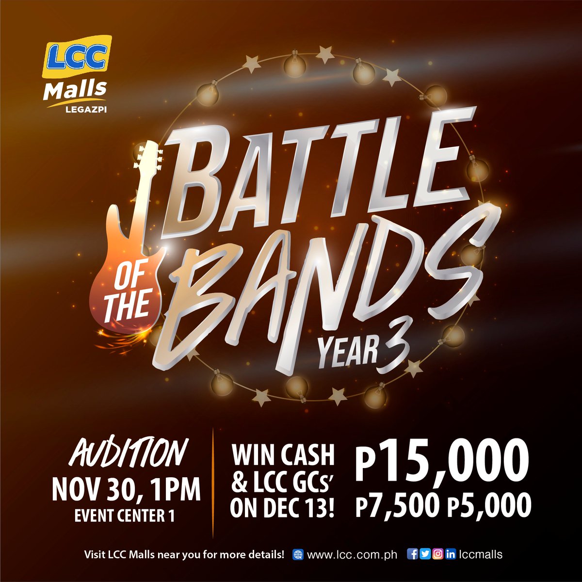 lccmalls's tweet photo. LCC Battle of the Bands Year 3!
Bring your bandmates in the audition on November 30, 2019, 1 o’clock in the afternoon at the LCC Malls Legazpi Event Center 1 to join in the main battle on December 13, 2019 to win cash up to P15, 000 pesos! https://t.co/ldzXtfDstc