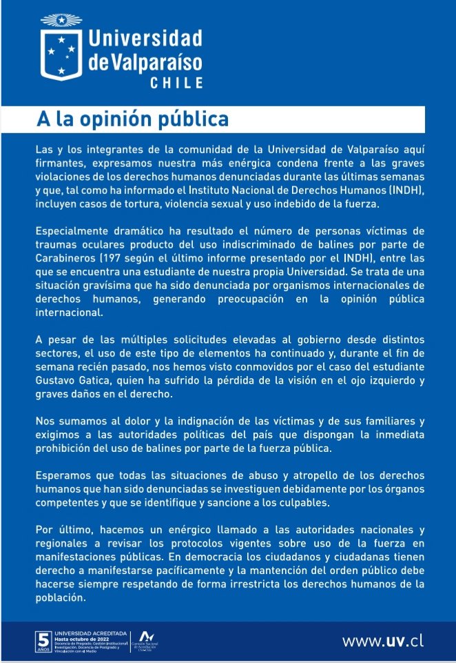 AmaliaPizarroM's tweet photo. Declaración pública integrantes Universidad de Valparaíso #Valparaiso @uvalpochile https://t.co/8CR1ESoHxi
