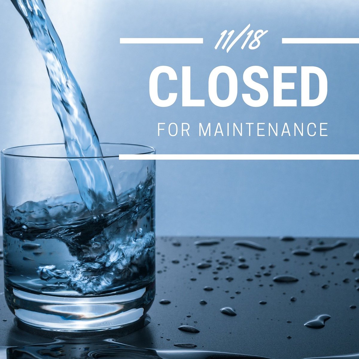 Due to maintenance issues we will be closed tomorrow, 11/18/19, all day. 
We appreciate your patience with us in this closing. We hope to be back up and running on Tuesday.