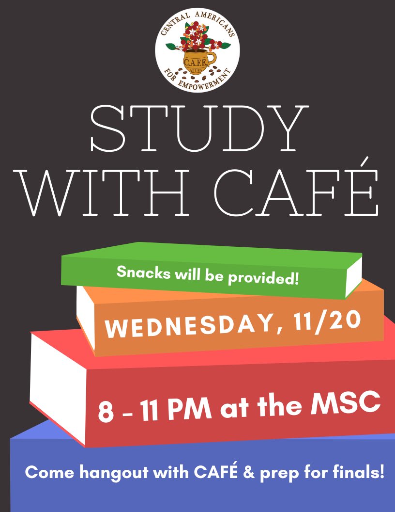 Come out and study with the members of CAFÉ before finals this Wednesday night at the MSC! 📚 📖 ✏️