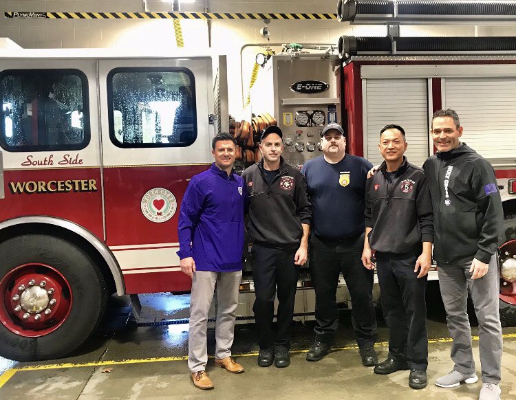 CoachBobChesney's tweet photo. Ten days ago myself and ⁦@DavidBerard30⁩ met the men of ⁦@WorcesterFD⁩ Engine 15 Ladder 5. 

It was impactful to hear how proud they are to protect our young men and women at Holy Cross. 

We stand with you and the Menard and Pace families during this difficult time. https://t.co/DrgnZwBJhL