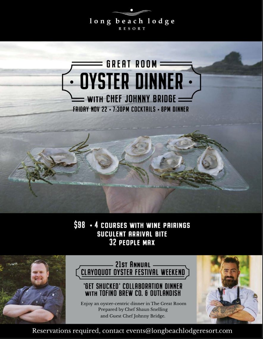 OY SIR! We've got an oyster filled weekend for you! 
Long Beach Lodge is hosting <a href="/greatroom/">Long Beach Lodge</a> Oyster Dinner. Events@longbeachlodgeresort.com for more.
Can’t get enough of oysters? Inquire about the Clayoquot Oyster Festival package!