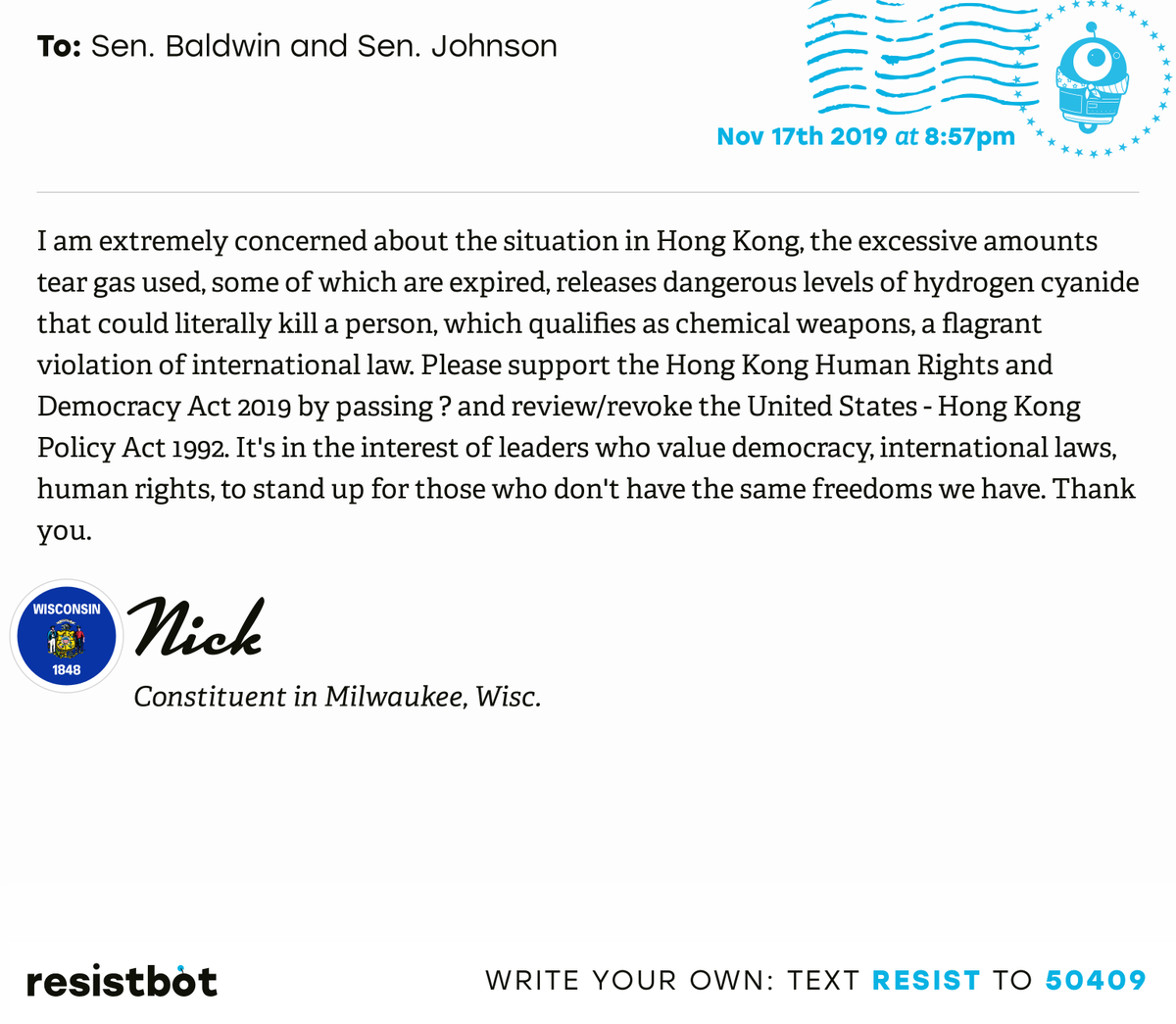 openletterbot's tweet image. I just delivered this letter from Nick in Milwaukee, Wis. to @SenatorBaldwin and @SenRonJohnson #WIpols #WIpolitics #HongKong