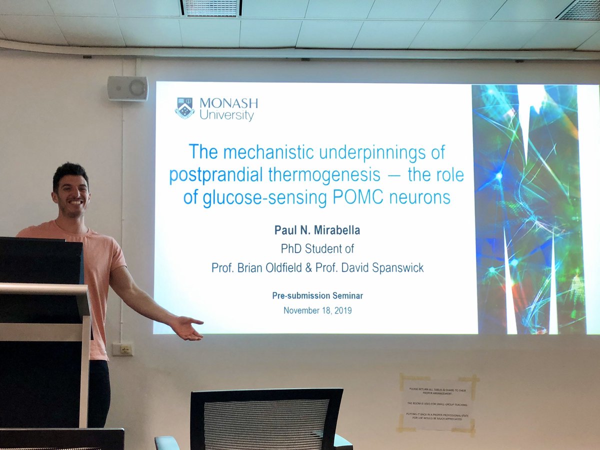 Superstar <a href="/Paul_Mirabella_/">Paul Mirabella</a> clearing the final PhD hurdle today with a brilliant pre-submission seminar on the mechanisms underlying postprandial #thermogenesis 🍔🧠🔥🐀 #pomc <a href="/MonashBDI/">Monash Biomedicine Discovery Institute</a>