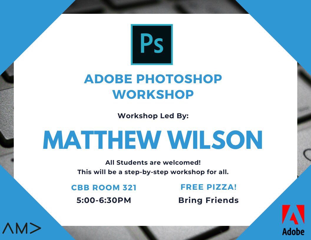 uni_ama's tweet photo. Want to learn how to use Photoshop?
The AMA @adobestudents will be hosting a Adobe Photoshop Workshop this Thursday (11/21) at 5 PM in room 321 of the CBB! Pizza will be provided for FREE😱 Come and bring your friends!
#UNIAMA #GoCats #adobecnn #sponsored https://t.co/5SeIwzHVDg